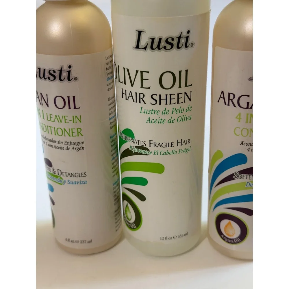 Lusti Argan Oil Leave-In Conditioner 8oz & Olive Oil Hair Sheen 12oz 3pc Set